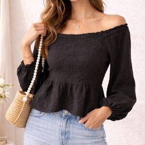 Madewell Black Textured Off Shoulder Top Boho Peasant Blouse Size Small